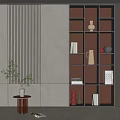 Modern Illuminated Decorative Cabinet With Shelves Vases Books Vertical Slat Panels And Wooden Floor