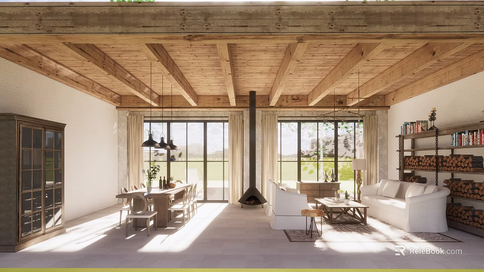 Spacious Open Living Dining Room With Wooden Ceiling Beams Fireplace And Large Windows 3d model 