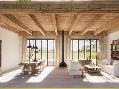 Spacious Open Living Dining Room With Wooden Ceiling Beams Fireplace And Large Windows 3d model