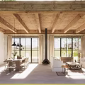 Spacious Open Living Dining Room With Wooden Ceiling Beams Fireplace And Large Windows