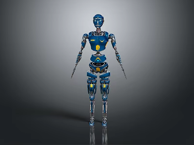 Blue Robot Character Standing With Mechanical Creature In Futuristic Sci Fi Setting 3d model