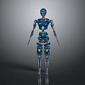 Blue Robot Character Standing With Mechanical Creature In Futuristic Sci Fi Setting 3d model