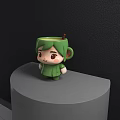 Green Cartoon Character Shaped Mug On Gray Round Platform With Black Wall And Brown Stirrer