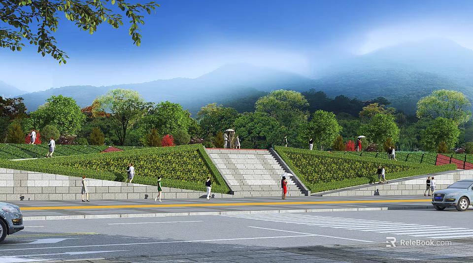 Scenic Park Landscape With Green Lawns Stone Steps Trees And Mountain View Under Blue Sky 3d model 