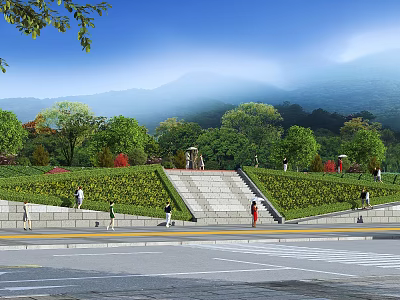Scenic Park Landscape With Green Lawns Stone Steps Trees And Mountain View Under Blue Sky 3d model