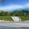 Scenic Park Landscape With Green Lawns Stone Steps Trees And Mountain View Under Blue Sky