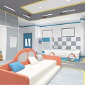 Cartoon Themed Kids Playroom With Orange Car Bed Piano Bookshelf And Staircase