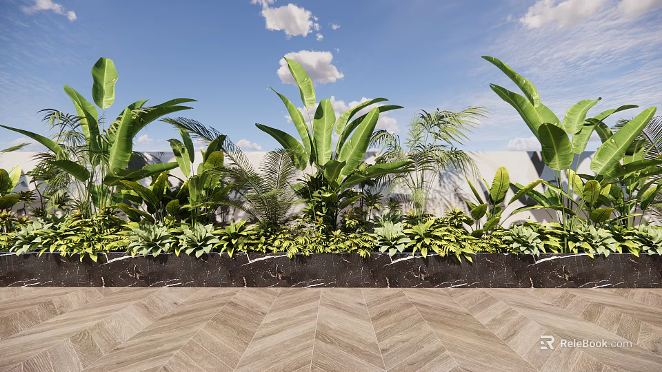 Lush Tropical Plants With Banana Leaves Palm Fronds And Succulents Under Sunny Sky 3d model 