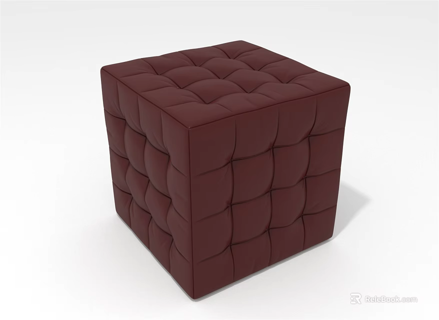 Dark Red Square Tufted Sofa Stool With Diamond Button Design For Living Room 3d model 