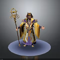 Wizard Character in Ornate Colorful Robes Holding Magical Staff on Blue Base