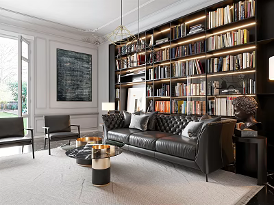 Elegant Contemporary Living Room Interior Design With Black Leather Sofa Large Bookshelves And Pendant Lights 3d model