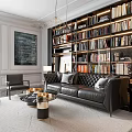 Elegant Contemporary Living Room Interior Design With Black Leather Sofa Large Bookshelves And Pendant Lights