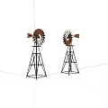 Two Industrial Metal Windmill Models With Sturdy Tripod Base Structure
