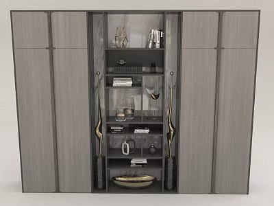 Modern Wooden Wine Cabinet With Open Glass Shelves And Decorative Wine Glasses 3d model