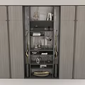 Modern Wooden Wine Cabinet With Open Glass Shelves And Decorative Wine Glasses