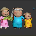 Three Pigs In Traditional Clothes Wearing Straw Hats Holding Straw With Flying Birds