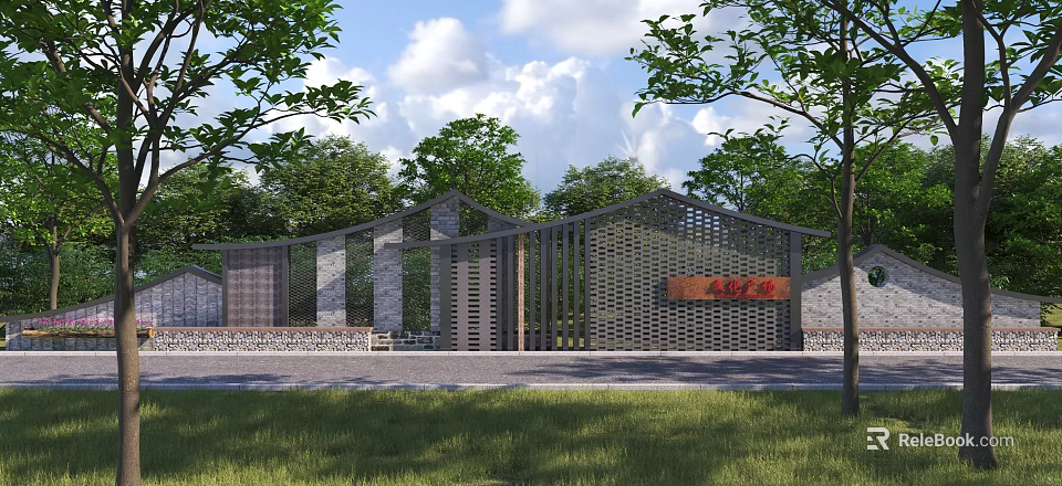 Modern Feature Wall Design With Wooden Lattice Stone Materials Greenery Trees Lawn And Cloudy Sky 3d model 