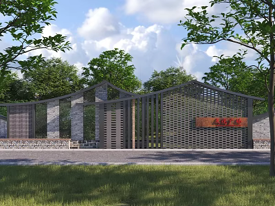 Modern Feature Wall Design With Wooden Lattice Stone Materials Greenery Trees Lawn And Cloudy Sky 3d model