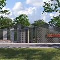 Modern Feature Wall Design With Wooden Lattice Stone Materials Greenery Trees Lawn And Cloudy Sky