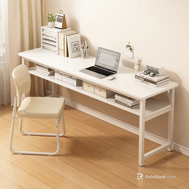 Minimalist White Desk with Laptop Books Stationery and Beige Chair Natural Light 3d model 