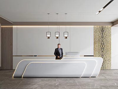 Modern Office Reception Desk With Curved White Surface And Hanging Pendant Lights 3d model