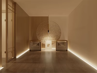 Elegant Luxury Clubhouse Interior Design With Wooden Walls Circular Panel Cozy Armchairs And Soft Lighting 3d model