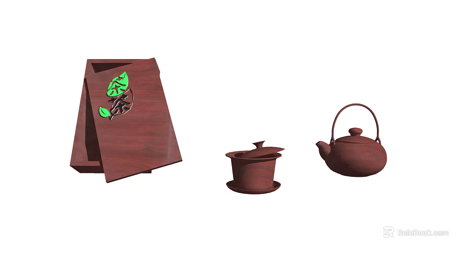Wooden Tea Set With Leaf Pattern Tray Teapot And Covered Teacup 3d model 