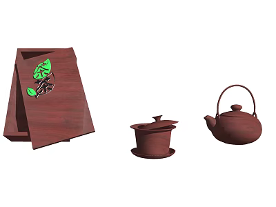 Wooden Tea Set With Leaf Pattern Tray Teapot And Covered Teacup 3d model