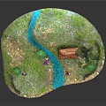 Cartoon Scenic Landscape with Rolling Hills Blue Stream Wooden Cottage Pine Trees Fence and Flowers