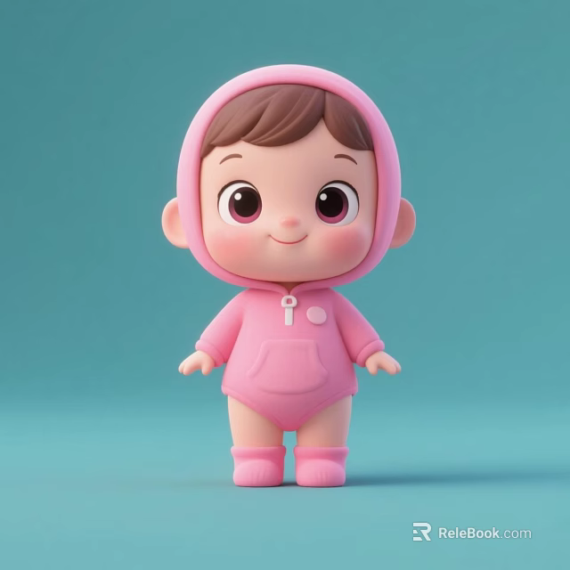 Cute Little Girl Doll In Pink Hooded Outfit With Light Blue Background 3d model 