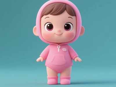 Cute Little Girl Doll In Pink Hooded Outfit With Light Blue Background 3d model