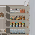 Organized Storage Cabinet With Multiple Shelves Containing Toys Folded Clothes And Cans