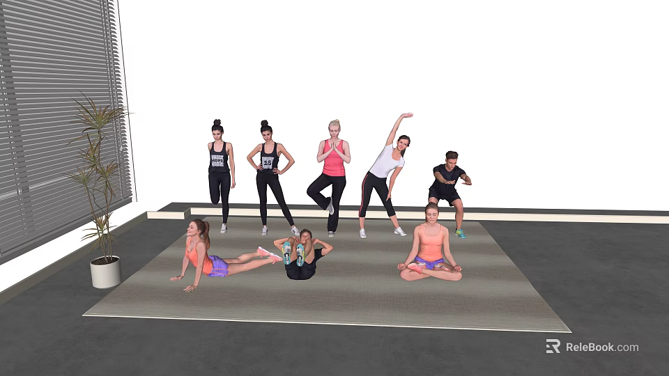 Group of People Doing Various Exercise Poses in Indoor Fitness Session 3d model 