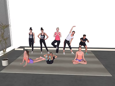 Group of People Doing Various Exercise Poses in Indoor Fitness Session 3d model