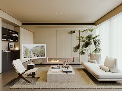 Modern Living Room Interior With Sofa Coffee Table Fireplace TV And Potted Plant 3d model