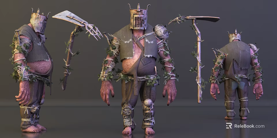 Gothic Game Movie Character With Metal Armor Vines Scythe And Tattered Clothing 3d model