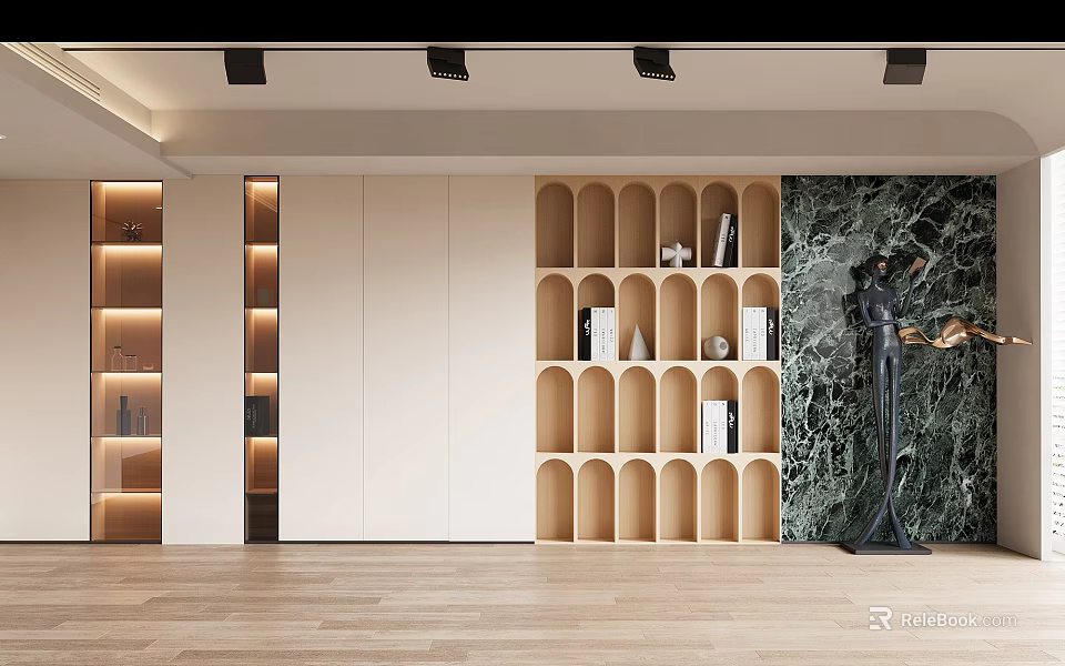 Modern Bookcase Design With Curved Wooden Shelves Books Decorative Items And Marble Wall 3d model 
