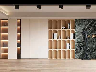 Modern Bookcase Design With Curved Wooden Shelves Books Decorative Items And Marble Wall 3d model