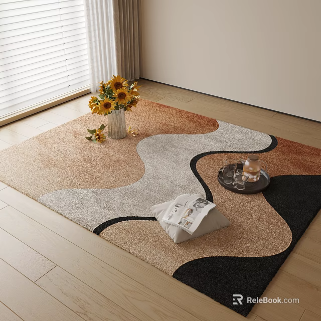 Square Rug With Wavy Orange Grey Black Pattern Featuring Sunflower Vase Tray Cup And Magazine 3d model 