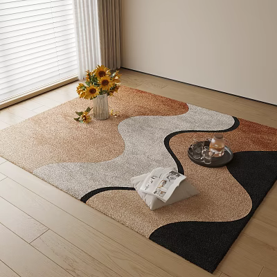 Square Rug With Wavy Orange Grey Black Pattern Featuring Sunflower Vase Tray Cup And Magazine 3d model