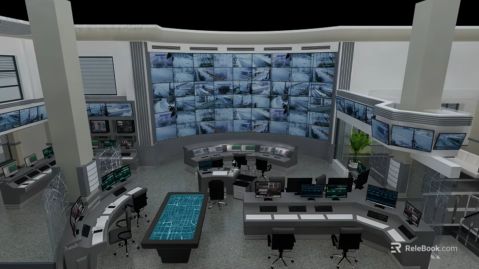 Modern Monitoring Room Featuring Multiple Surveillance Screens Control Consoles And Workstations 3d model 