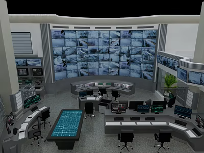 Modern Monitoring Room Featuring Multiple Surveillance Screens Control Consoles And Workstations 3d model