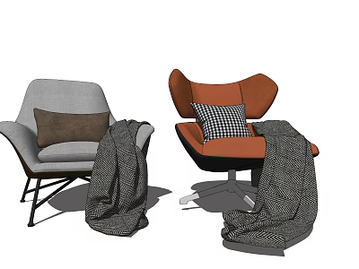 Gray and Orange Single Sofa with Brown Checkered Pillows and Gray Blanket on Metal Legs 3d model