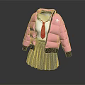 Pink Puffer Jacket Outfit with Red Tie and Blue Pleated Skirt Casual Style