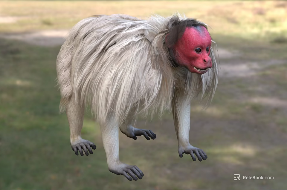 Gray White Fur Monkey With Red Face Standing On Grass Near Green Plants And Dirt Path 3d model 