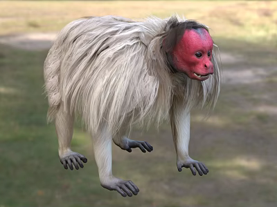 Gray White Fur Monkey With Red Face Standing On Grass Near Green Plants And Dirt Path 3d model