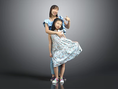 Two Girls Posing Together In Floral Dress And Blue Outfit 3d model