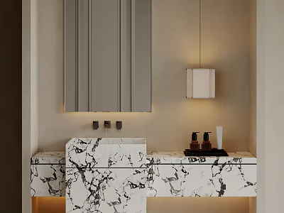 Elegant Bathroom Vanity with Marble Countertop Mirror Cabinet and Wall Lamp Toiletries 3d model