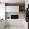 Modern Kitchen Interior With White Cabinets Black Appliances And Wooden Upper Cabinets