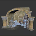 Rustic Medieval Stone Archway Structure With Columns Barrels And Clay Pots 3d model